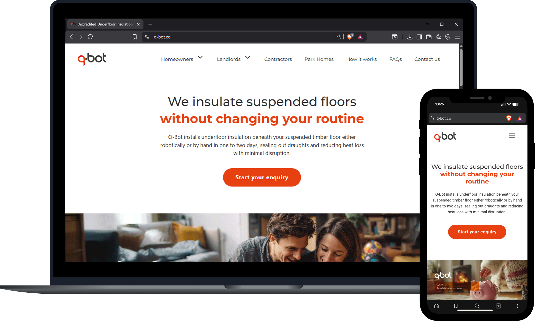 The redesigned Q-Bot homepage shown on desktop and mobile